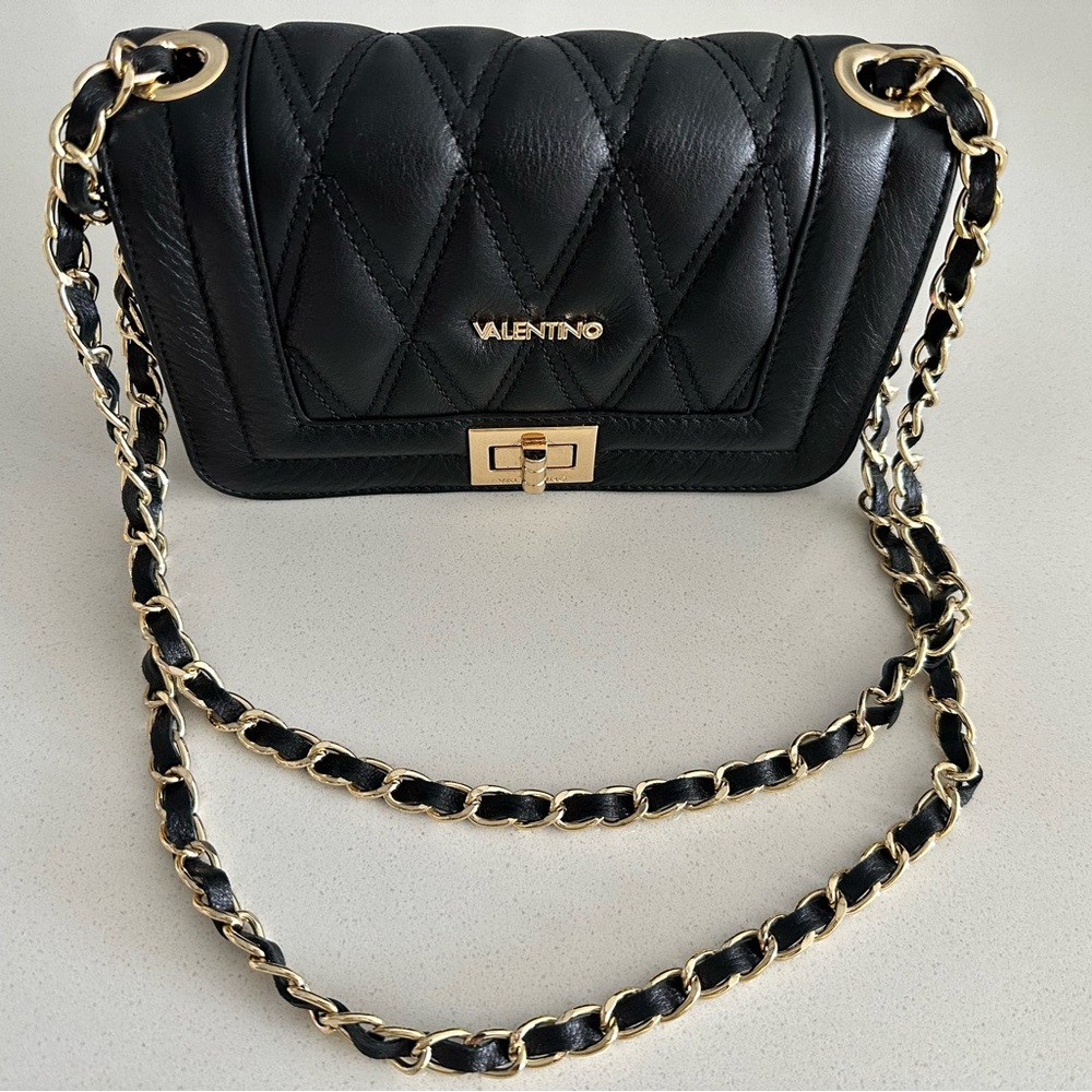 Valentino By Mario Valentino Black Quilted Shoulder Bag with Gold Chain Strap